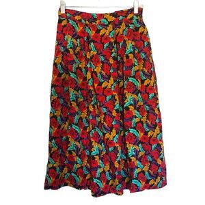 SK & Company Petites Vintage Floral Leaves Flowy Midi Skirt size 8 with Pockets